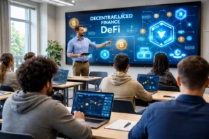 Estudiantes en aula aprendiendo blockchain y finanzas descentralizadas impulsadas por el mercado cripto en universidades de Estados Unidos
