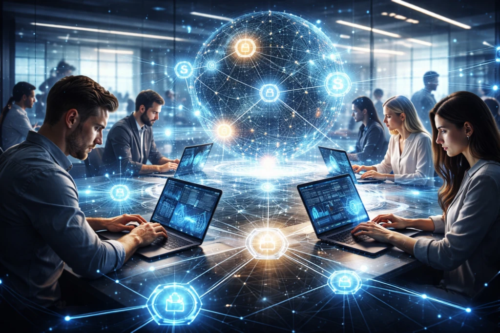 Profesionales trabajando en computadoras conectadas a blockchain ilustran el crecimiento de mercados laborales cripto.