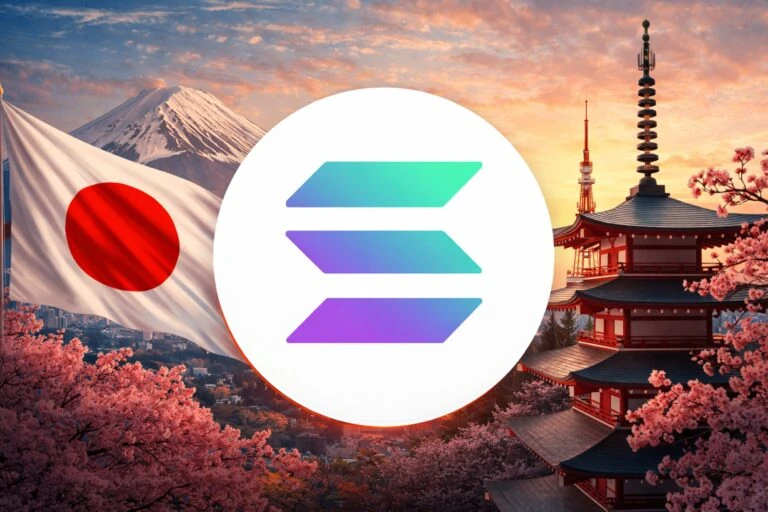 Gráfica de caída de meme coin Solana con fondo del skyline de Tokio y símbolos cripto