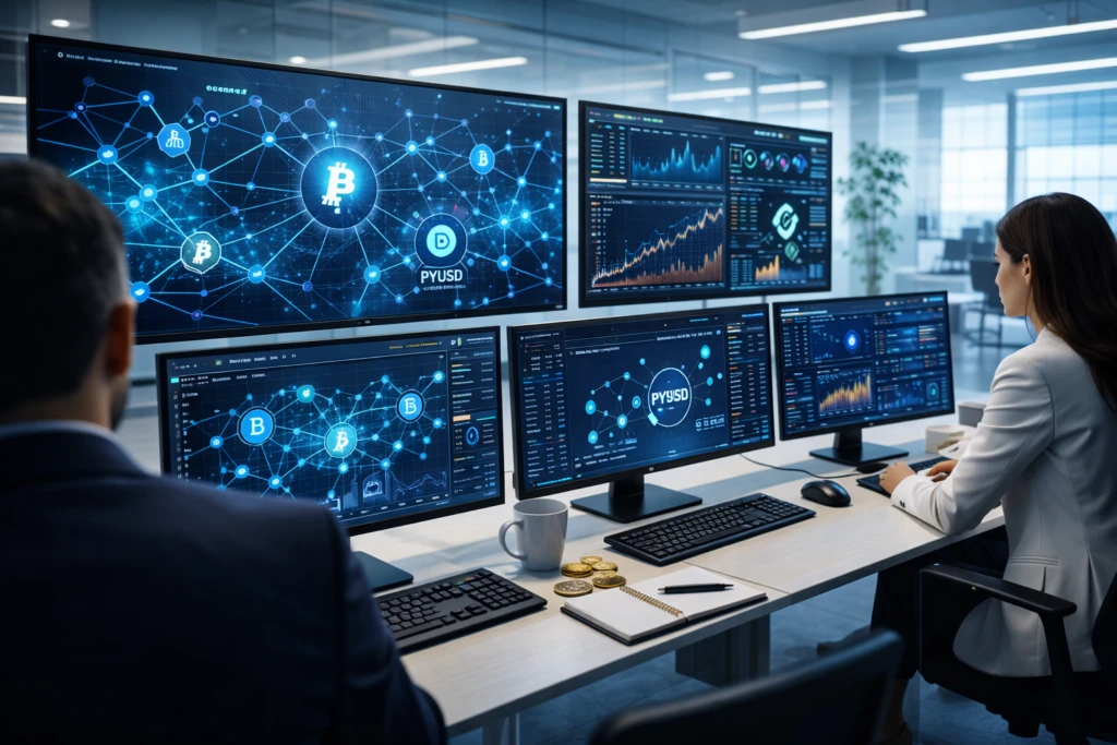 Pantallas financieras en oficina fintech ilustran expansión de PayPal cripto con pagos blockchain y uso del stablecoin PYUSD.