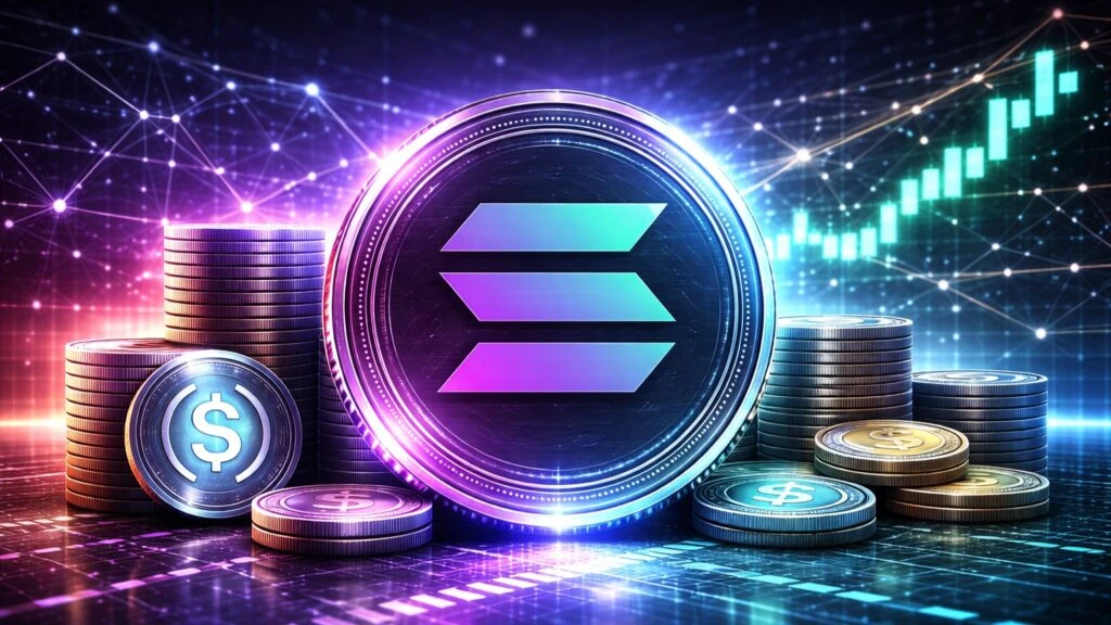 Solana con gráficos de transacciones y stablecoins en red blockchain