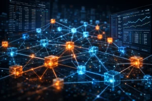 Gráficos de red blockchain ilustrando transparencia on-chain y acceso público a datos financieros en mercados cripto.