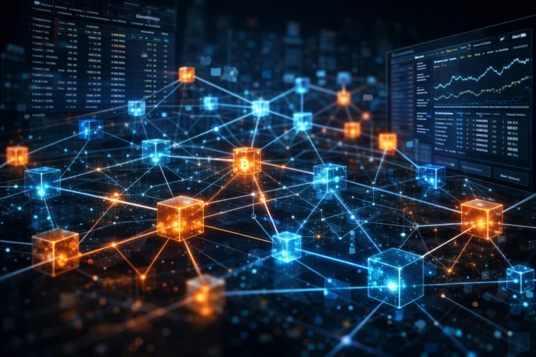 Gráficos de red blockchain ilustrando transparencia on-chain y acceso público a datos financieros en mercados cripto.