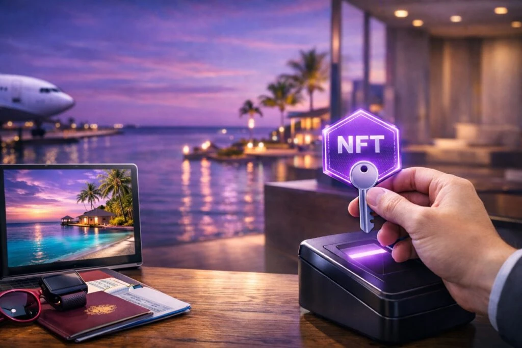 Viajeros usando NFTs para acceder a servicios digitales en turismo phygital con experiencias personalizadas.