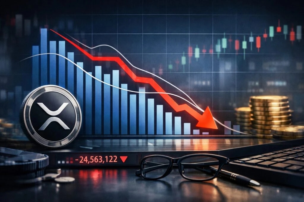 Gráfico mostrando caída de flujos semanales de XRP ETF como indicador de demanda institucional y presión en mercados cripto.