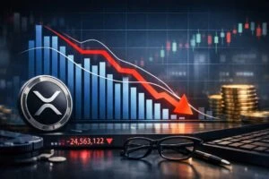 Gráfico mostrando caída de flujos semanales de XRP ETF como indicador de demanda institucional y presión en mercados cripto.