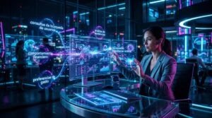 Profesional interactúa con pantallas digitales en entorno fintech mientras Banco Azteca utiliza inteligencia artificial para analizar búsquedas de usuarios, comportamiento financiero y datos en tiempo real