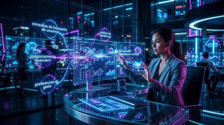 Profesional interactúa con pantallas digitales en entorno fintech mientras Banco Azteca utiliza inteligencia artificial para analizar búsquedas de usuarios, comportamiento financiero y datos en tiempo real
