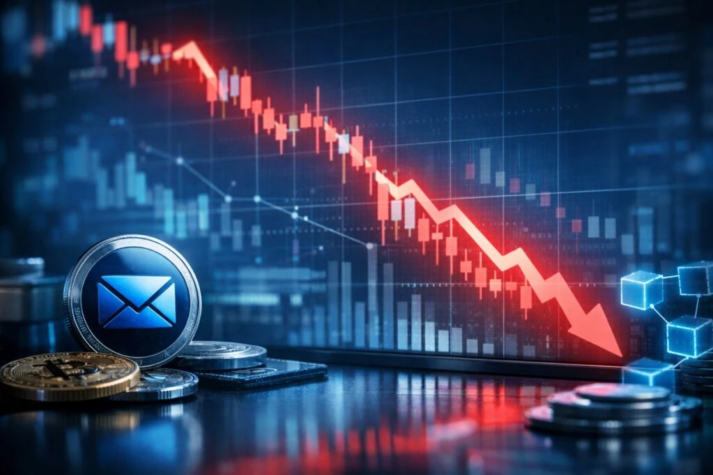 Dmail token cae tras cierre del proyecto con fuerte presión de venta en mercados cripto globales