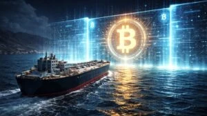 Irán criptomonedas Hormuz reflejado en petrolero detenido ante barrera digital con Bitcoin como pago obligatorio en comercio energético global