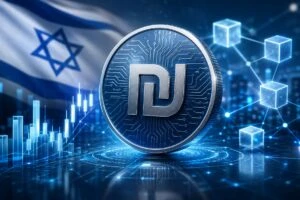 Representación de stablecoin Israel vinculada al shekel bajo regulación financiera y entorno blockchain moderno