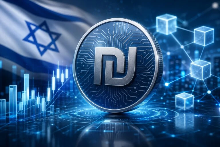 Representación de stablecoin Israel vinculada al shekel bajo regulación financiera y entorno blockchain moderno