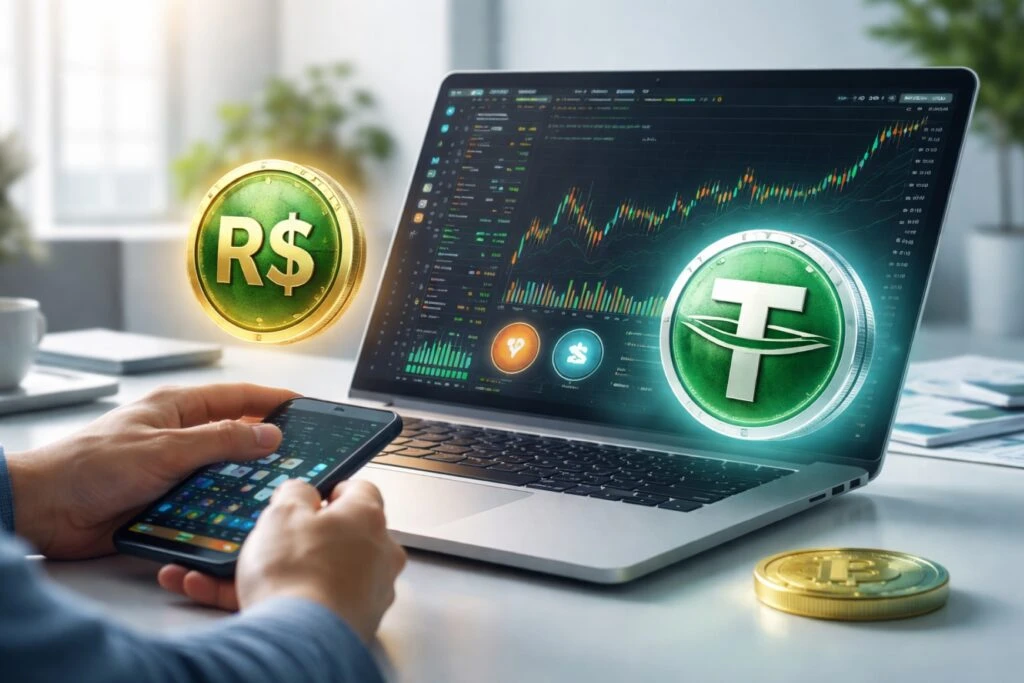 Usuarios comprando criptomonedas con BRL en KuCoin y recibiendo recompensas USDT diarias en Brasil