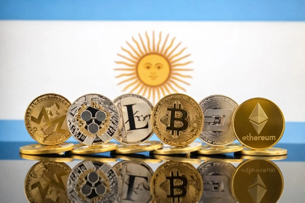 Precio de criptomonedas en Argentina con gráficos digitales y monedas virtuales en entorno financiero moderno