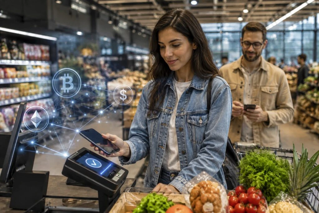 Pagos con criptomonedas y stablecoins en supermercados europeos mediante aplicaciones blockchain