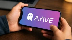Token Aave con elementos visuales de finanzas descentralizadas y activos tokenizados