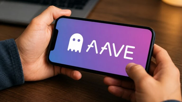 Token Aave con elementos visuales de finanzas descentralizadas y activos tokenizados
