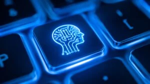 Tecla de inteligencia artificial iluminada en un teclado tecnológico que representa sociedades de IA y transformación digital en Argentina.