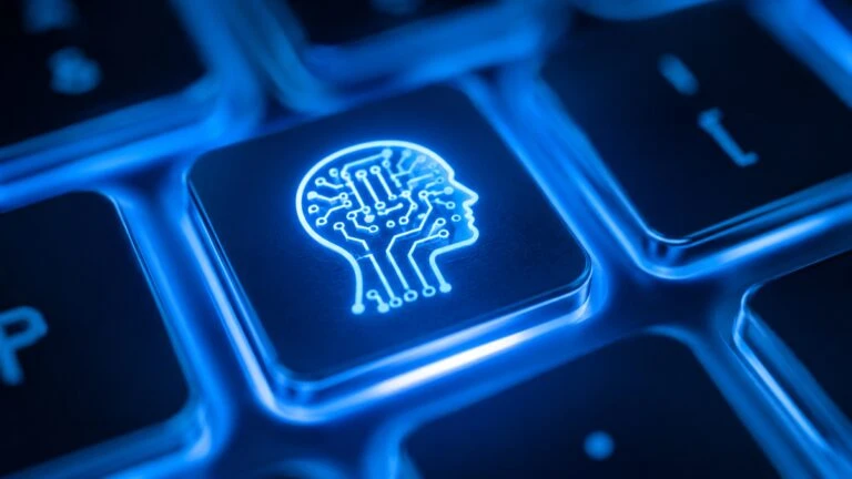 Tecla de inteligencia artificial iluminada en un teclado tecnológico que representa sociedades de IA y transformación digital en Argentina.