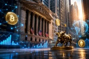 Wall Street descentralizado con tokenización, stablecoins y finanzas DeFi en mercados globales