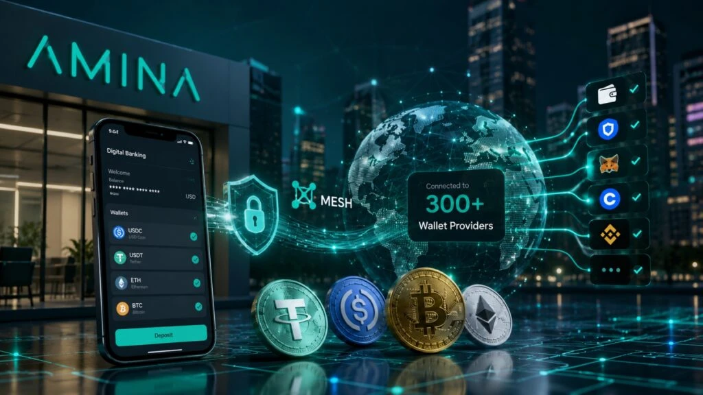 AMINA Bank integra Mesh para facilitar depósitos de stablecoins y criptomonedas en una plataforma bancaria regulada.