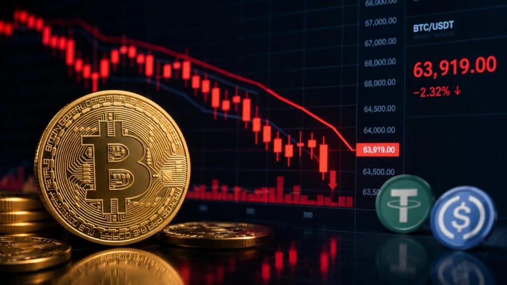 Bitcoin registra una caída por debajo de los 64,000 dólares en medio de menores flujos de stablecoins.