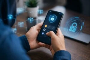 Persona usando una billetera digital con criptomonedas y medidas de seguridad para evitar estafas.