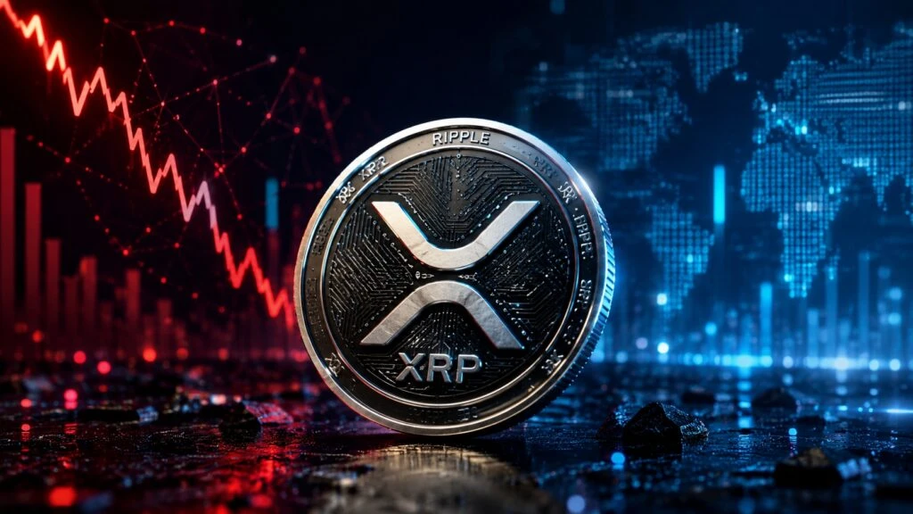 Moneda de XRP sobre fondo financiero con indicadores de mercado