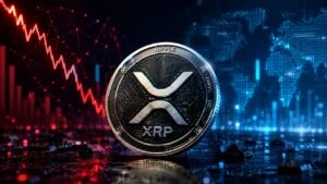 Moneda de XRP sobre fondo financiero con indicadores de mercado