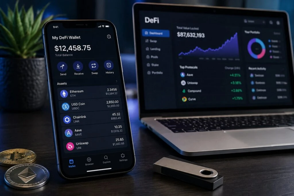 Billetera DeFi con funciones de seguridad y acceso a protocolos descentralizados