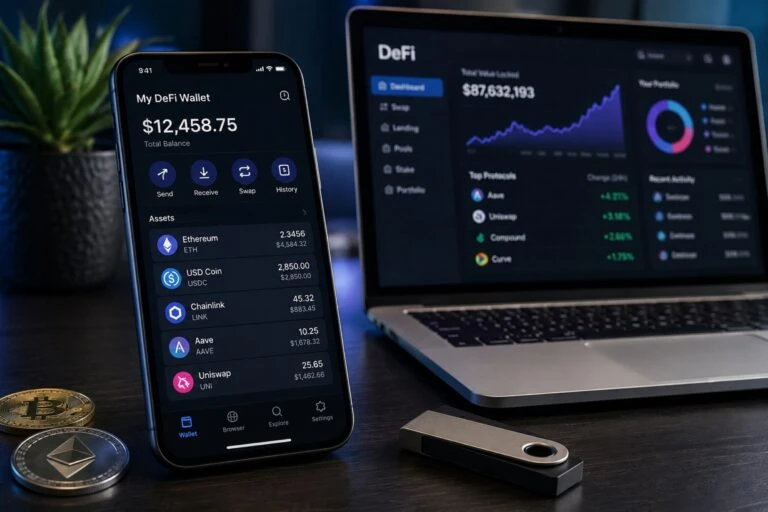 Billetera DeFi con funciones de seguridad y acceso a protocolos descentralizados