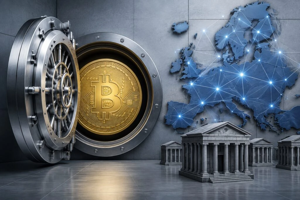 Blockchain europea con bancos y activos tokenizados en una red financiera regulada