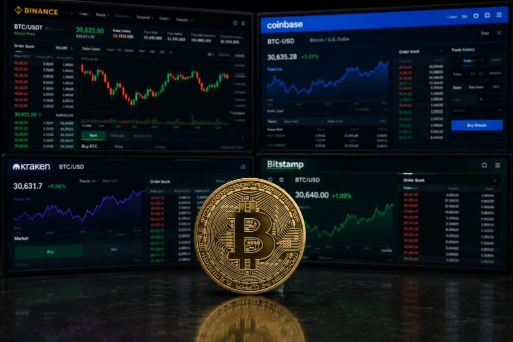 Precio de Bitcoin con gráficos y diferentes exchanges mostrando variaciones de cotización.