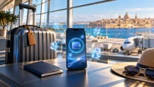 Web3 en turismo representada mediante una experiencia de viaje conectada con blockchain, pagos digitales e innovación tecnológica.