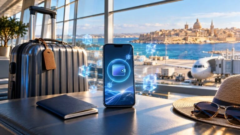 Web3 en turismo representada mediante una experiencia de viaje conectada con blockchain, pagos digitales e innovación tecnológica.