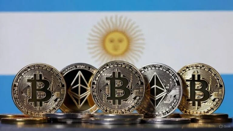 Monedas digitales de bitcoin sobre una mesa junto a billetes argentinos, representando las restricciones del Banco Central.
