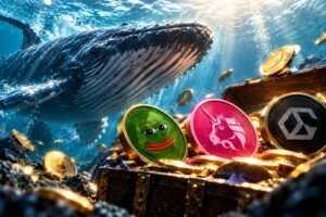 Representación de una ballena cripto junto a monedas digitales que simbolizan una compra millonaria de altcoins.