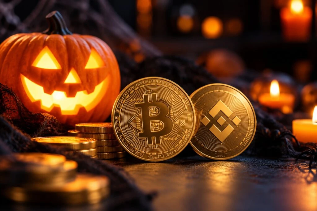 Monedas de Bitcoin y Binance junto a una calabaza de Halloween que representan la iniciativa para aclarar mitos sobre las criptomonedas.