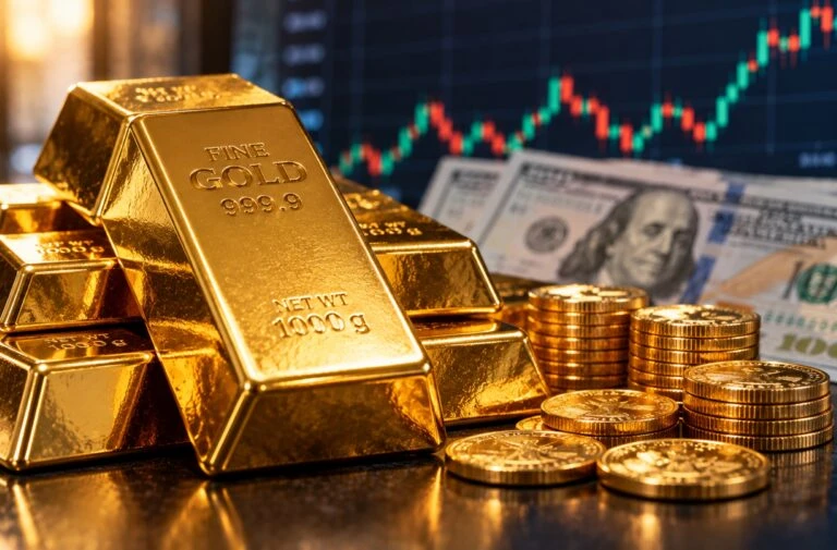 Lingotes de oro junto a monedas y elementos financieros que representan el aumento del precio del oro y su relación con Bitcoin.