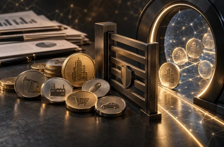 Fichas digitales que representan acciones corporativas sobre una red blockchain, sin personas ni gráficas de precios