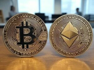 Moneda digital inspirada en Ethereum sobre una superficie oscura y profesional