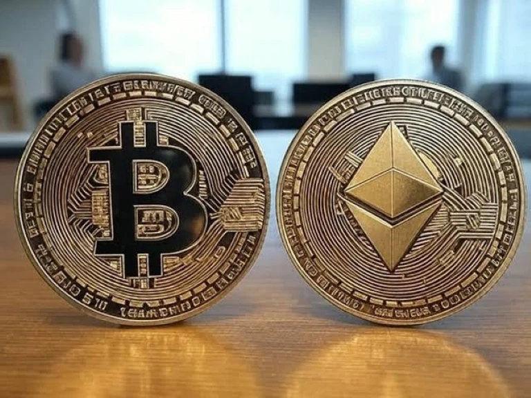 Moneda digital inspirada en Ethereum sobre una superficie oscura y profesional