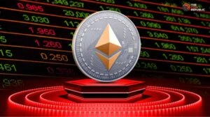 Moneda de Ethereum junto a un gráfico financiero que representa la caída de su cotización durante el 22 de octubre de 2026.