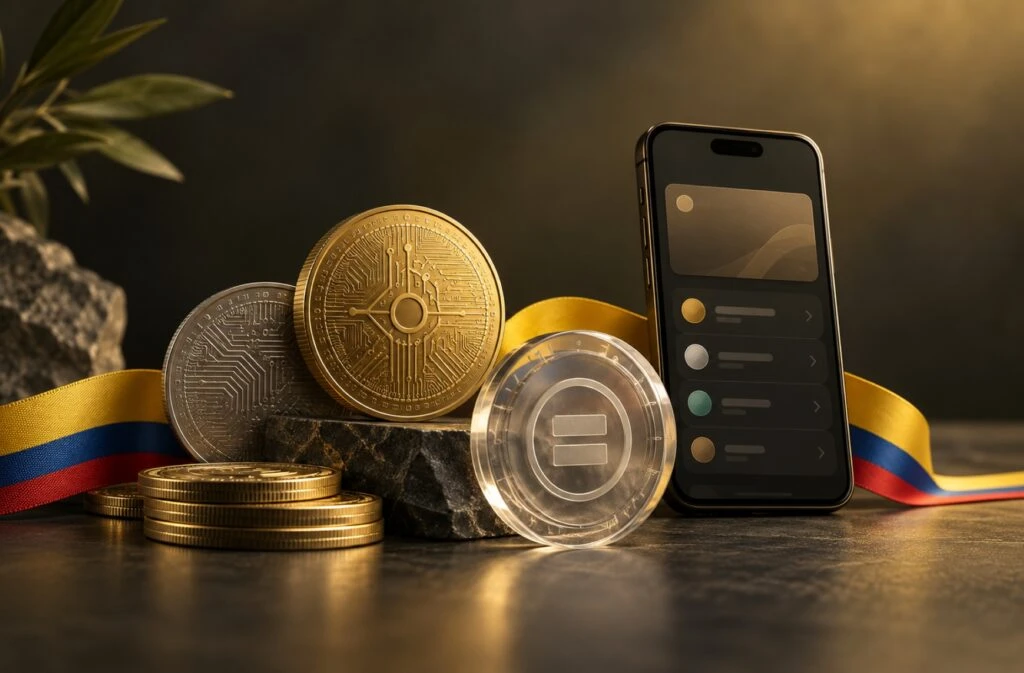Monedas digitales y símbolos financieros que representan el crecimiento cripto en Colombia