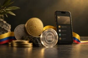 Monedas digitales y símbolos financieros que representan el crecimiento cripto en Colombia