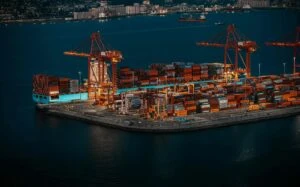 Equipos tecnológicos y contenedores de exportación que representan el crecimiento del comercio exterior mexicano impulsado por la inteligencia artificial.