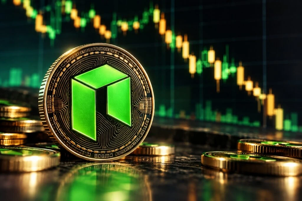 Moneda digital NEO junto a un gráfico financiero que representa las proyecciones de su precio en el mercado de criptomonedas.