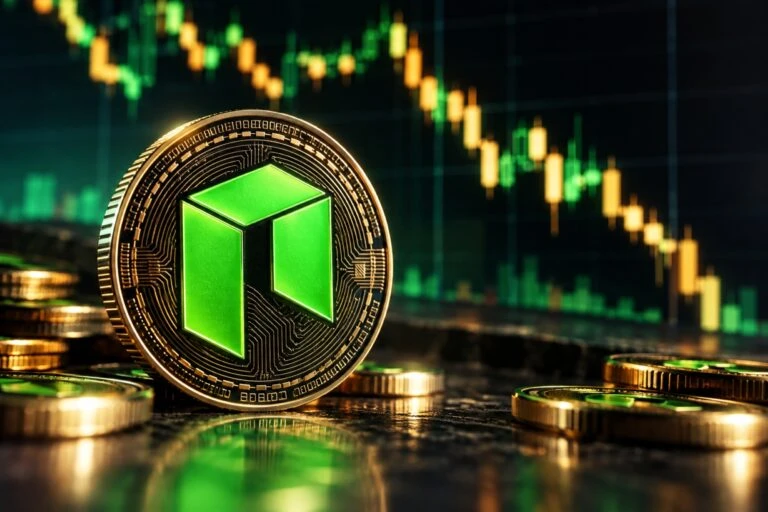 Moneda digital NEO junto a un gráfico financiero que representa las proyecciones de su precio en el mercado de criptomonedas.