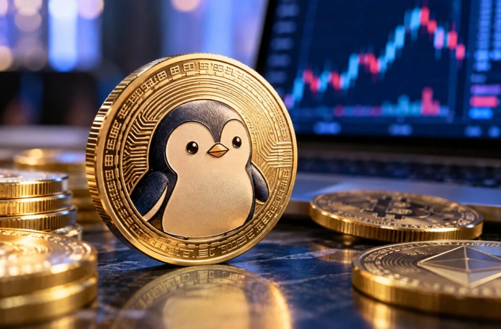 Representación de Pudgy Penguins y su criptomoneda PENGU ante el cierre de la blockchain Abstract.