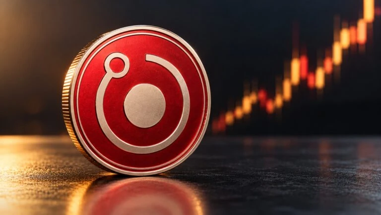 Moneda digital Render sobre una superficie oscura con un gráfico ascendente que representa la recuperación de su precio.